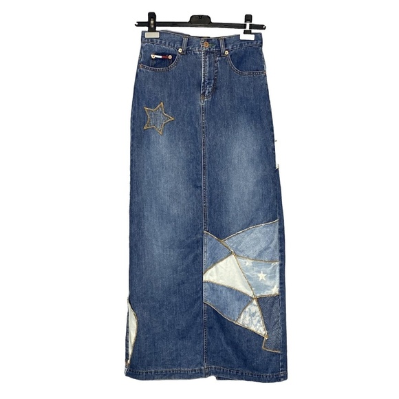 TOMMY JEANS Y2K Star Patch Denim Maxi Skirt Sz 25 - Vintage Patchwork Streetwear - Picture 3 of 14